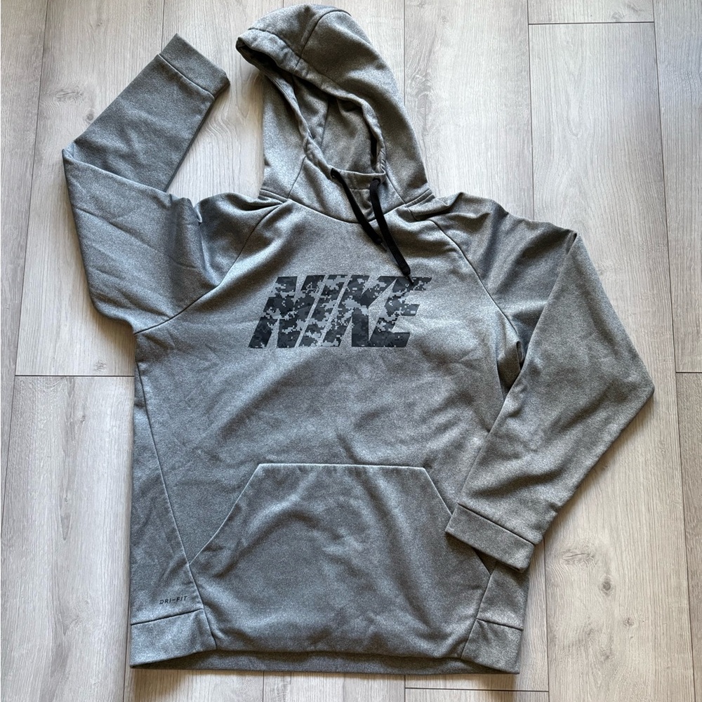 Nike Men's Dri-Fit Gray Hoodie with Black Logo - Size Large